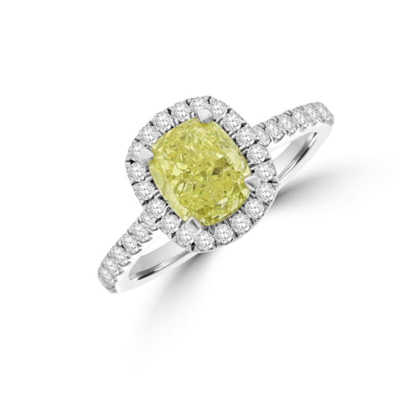 Platinum Fancy Yellow Diamond Cushion Halo ring