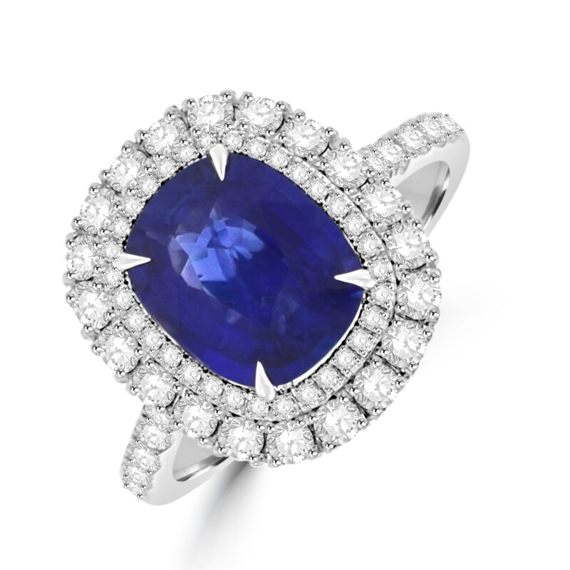 Platinum Sapphire Cushion Double Diamond Halo ring
