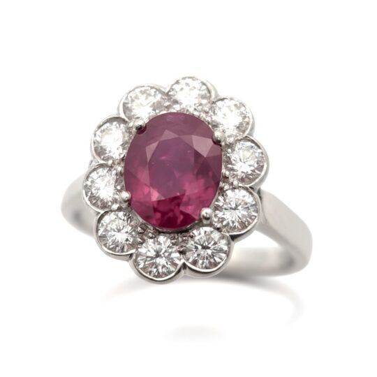 Platinum Oval Ruby and Diamond Cluster Ring
