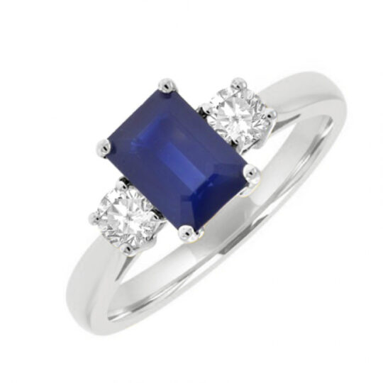18ct Gold emerald cut Sapphire and Diamond Three stone ring
