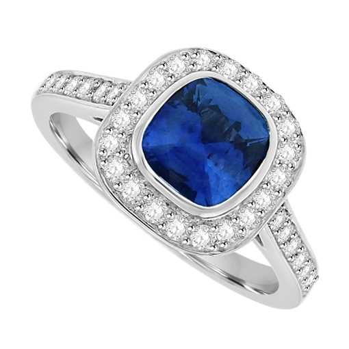 18ct White Gold Sapphire and Diamond Cushion Halo ring
