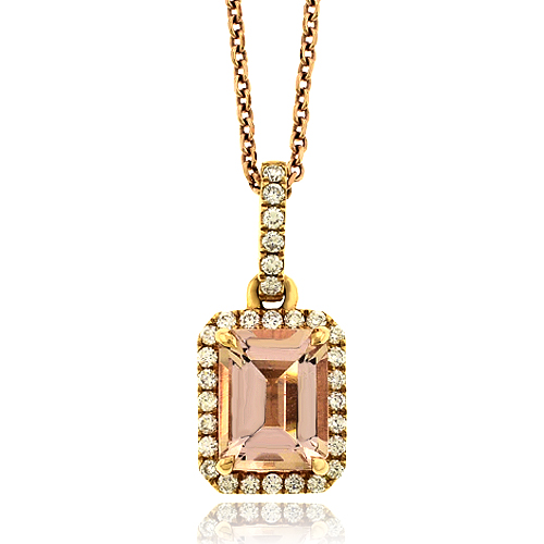 18ct Rose Gold Emerald cut Morganite & Diamond Pendant Chain