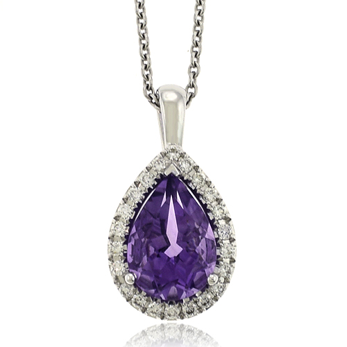 18ct White Gold Amethyst Diamond Halo Pendant