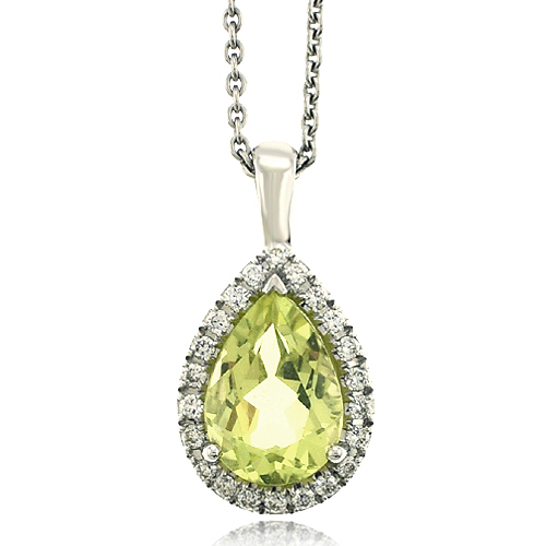 18ct White Gold Lime Quartz Diamond Halo Pendant Chain