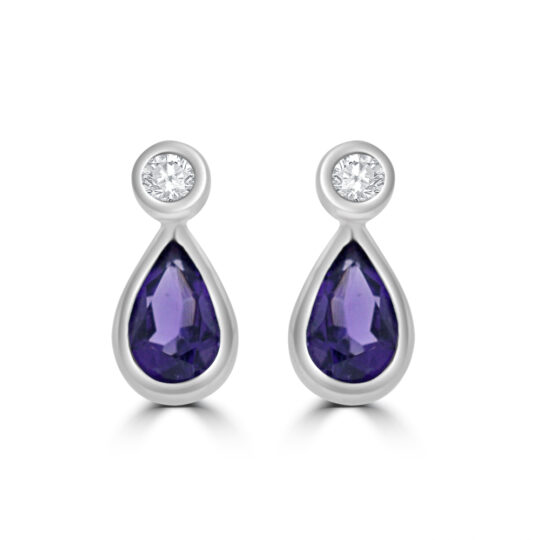 9ct White Gold Amethyst & Diamond Pear Stud Earrings