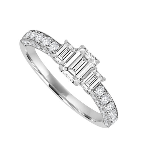 18ct White Gold 3 Stone Diamond Ring. x3 Emerald Cut Centre