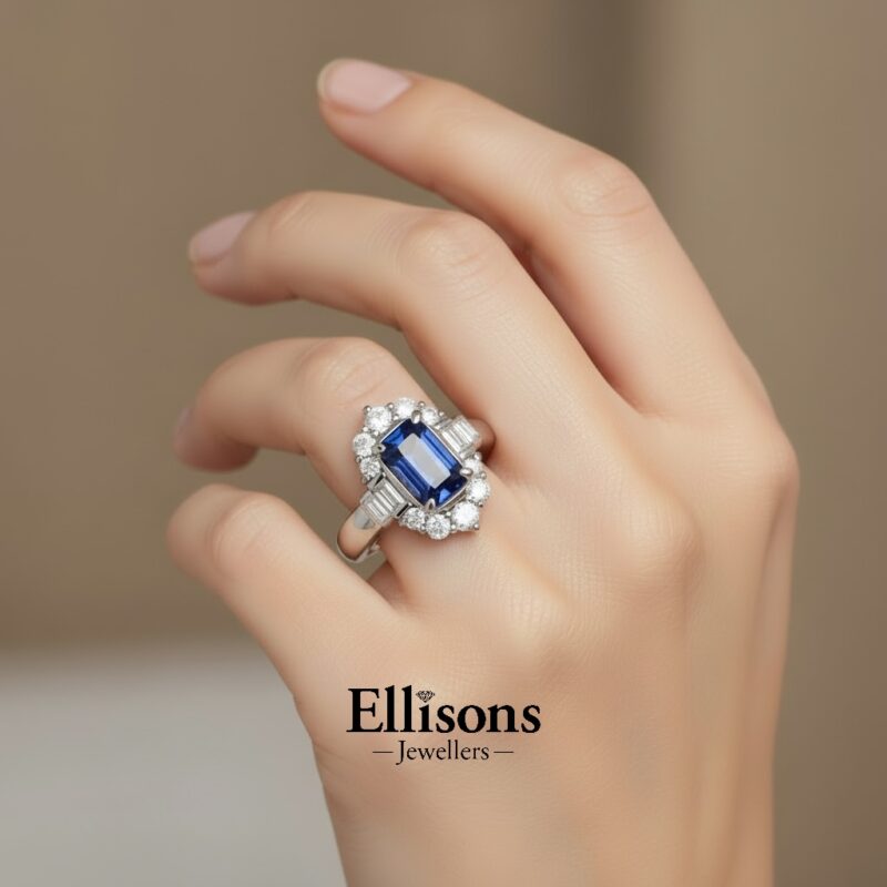 Platinum Sapphire Baguette Diamond Cluster ring