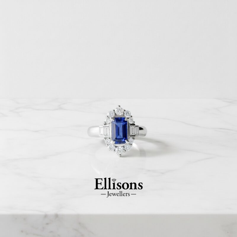 Platinum Sapphire Baguette Diamond Cluster ring