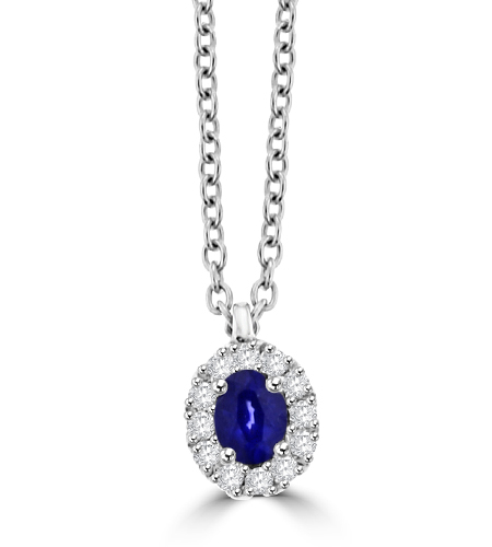 18ct White Gold oval Sapphire & Diamond Halo Pendant Chain