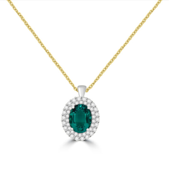 18ct Gold 1.85ct Emerald Diamond Cluster pendant chain