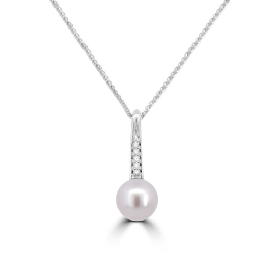 14ct White Gold Cultured Pearl and Diamond Bar Pendant chain