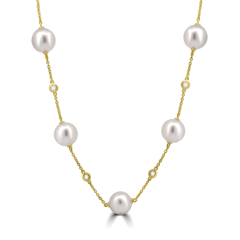 18ct Gold Akoya Pearl and Diamond 30″ Station necklet