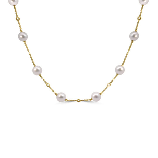 18ct Gold Akoya Pearl and Diamond station necklet