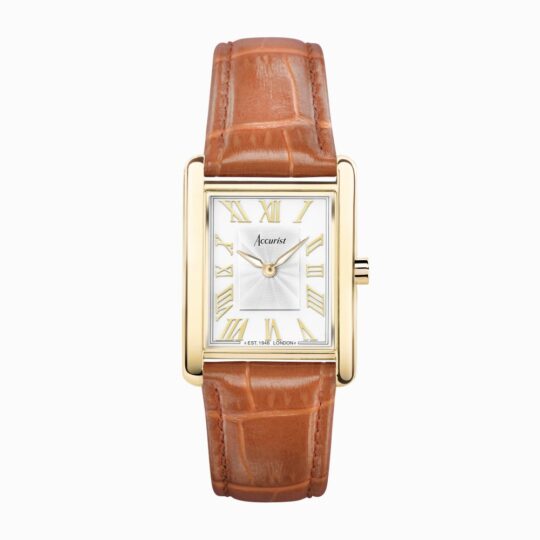 Accurist Gold Rectangular Ladies Brown Strap Watch